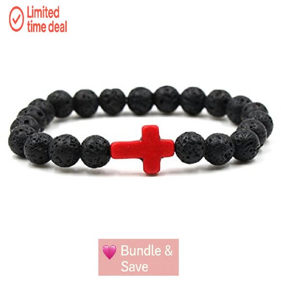 Adjustable Lava Stone Stretch Bracelet Set with Cross Beads for Men Women - Picture 6 of 6